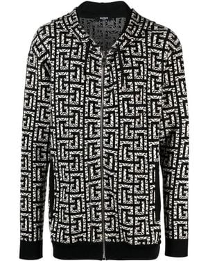 Balmain Monogram Intarsia-Knit Zipped Hoodie - Black