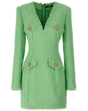 Balmain Logo Button Tweed Dress - Green