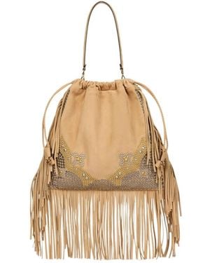 Etro Tassel Studded Suede Shoulder Bag - Natural