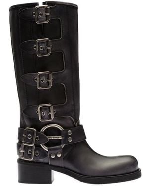 Miu Miu Buckle-Detailed Round Toe Boots - Black