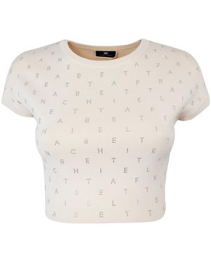 Elisabetta Franchi Logo Lettering Embellished Cropped Top - White