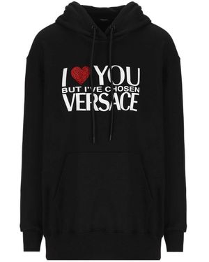 Versace Logo Printed Long Sleeved Hoodie - Black