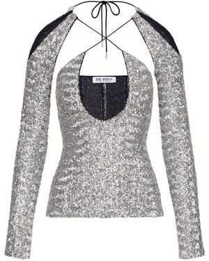 The Attico Zane Sequined Cut-Out Top - Grey