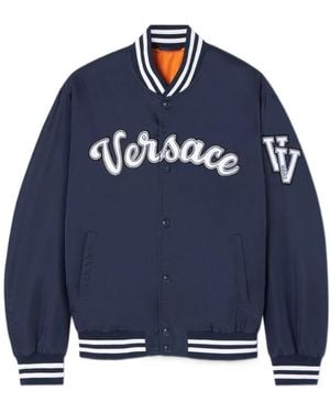 Versace Logo Embroidered Button-Up Jacket - Blue