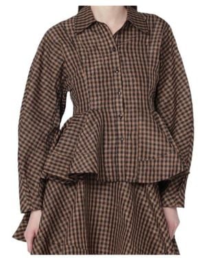 Ganni Peplum Check Shirt - Brown