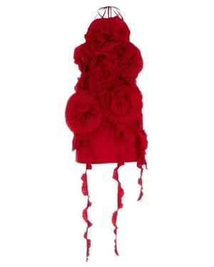 Blumarine Pleated-Rose Ruffled Mini Dress - Red