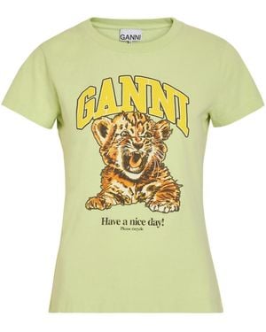 Ganni Printed Cotton T-Shirt - Yellow