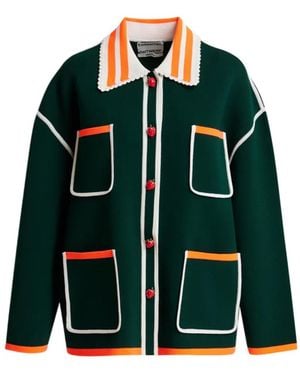 Essentiel Antwerp Dark, And Fine Knit Cardigan With Lace-Trimmed Collar And Strawberry-Shaped Buttons - Green