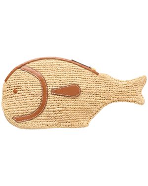 STAUD Pesce Leather-Trimmed Raffia Clutch - Natural