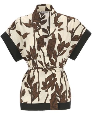 Brunello Cucinelli Leaf-Printed V-Neck Blouse - Multicolour
