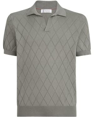 Brunello Cucinelli Cotton Textured Argyle Lightweight Knit Polo Shirt - Grey