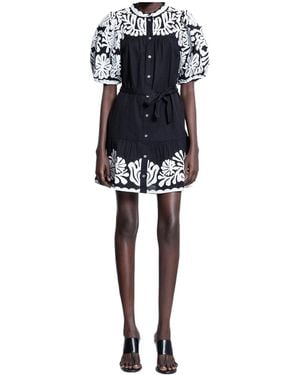 Sea Graphic Printed Tied Waist Puff Mini Dress - Blue