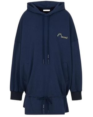 Marni Drawstring Ruffled Hooded Sweatshirt Dress - Blue