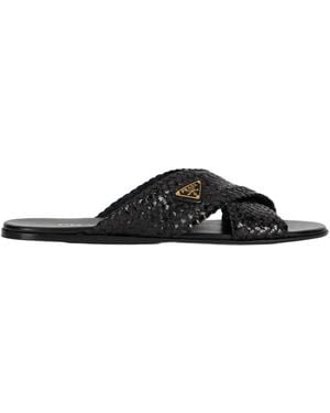 Prada Triangle-Logo Woven Slip-On Sandals - Black