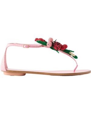 Aquazzura Embellished Leather And Raffia Thong Sandals - Pink