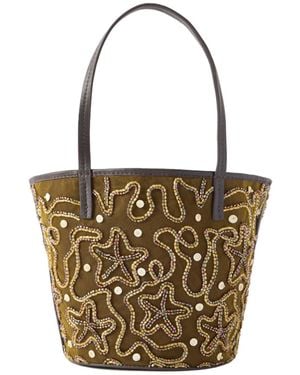 STAUD Leather-Trimmed Embellished Tote Bag - White