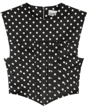 Ganni Polka-Dot Satin Corset Top - Black