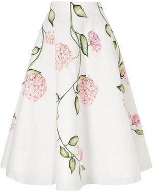 Oscar de la Renta Porcelain Floral-Print Stretch Cotton-Poplin Midi Skirt - White