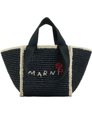 Marni Logo Embroidered Woven Top Handle Tote Bag - Black