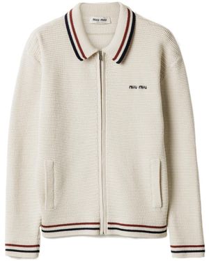 Miu Miu Cotton Knit Zipper Cardigan - Natural