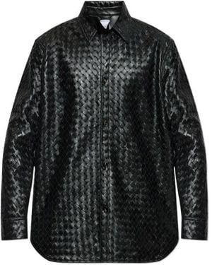 Bottega Veneta Intrecciato Long-Sleeves Relaxed-Fit Leather Shirt - Black