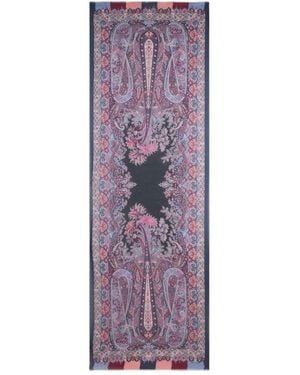 Etro Chevron Modal And Cashmere Scarf With Floral Paisley Motif - Purple