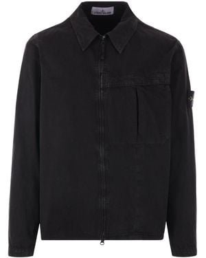 Stone Island Zip-Up Long-Sleeved Shirt - Black