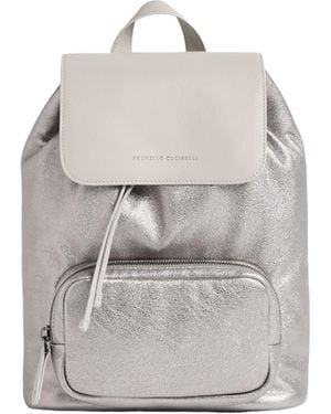 Brunello Cucinelli Lamé Calfskin And Grained Leather Backpack - Gray