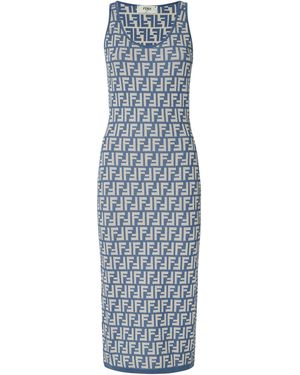 Fendi Monogrammed Sleeveless Ribbed Dress - Blue