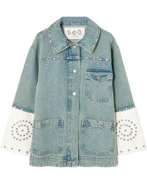Sea Studded Two-Tone Denim Jacket - Blue