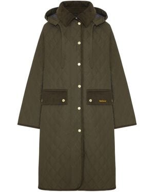 Barbour Hooded Diamond Quilted Long Coat - Green