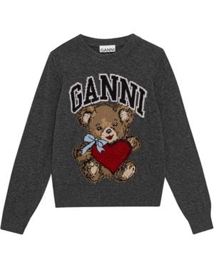 Ganni Graphic Bear Crewneck Jumper - Grey