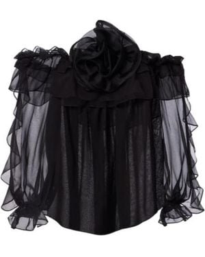 Carolina Herrera Floral-Appliqué Silk Tulle Top - Black