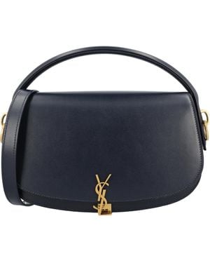 Saint Laurent Logo Plaque Foldover Top Shoulder Bag - Blue