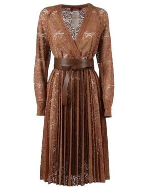 Max Mara Studio V-Neck Pleated Dress - Brown