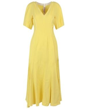 Marni V-Neck Puff-Sleeved Midi Dress - Yellow