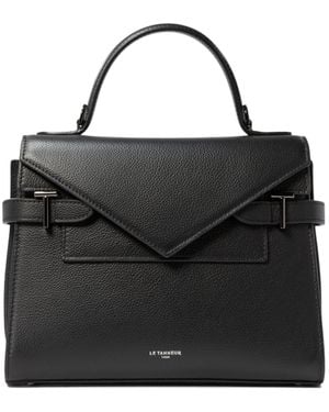 Le Tanneur Medium Grained Leather Double Flap Tote - Black