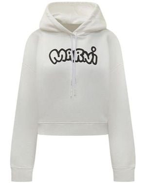 Marni Logo Printed Drawstring Hoodie - Grey