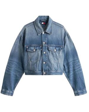 Tommy Hilfiger Tommy Girl Back Logo Cropped Oversized Denim Jacket - Blue