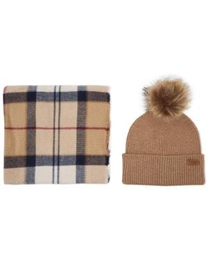 Barbour Pom-Pom Beanie And Plaid Scarf Gift Box - White