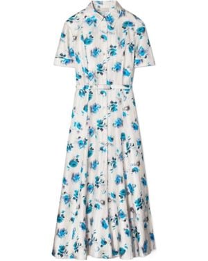 Tory Burch Floral-Print Flared Shirt Dress - Blue