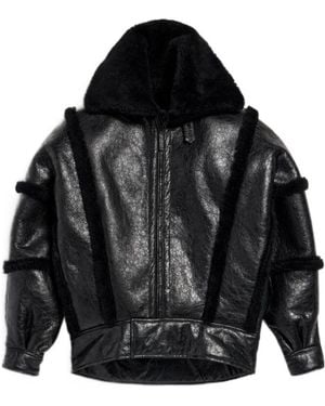 Balenciaga High Collar Leather Jacket With Shearling Details And Lining - Black