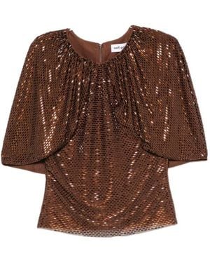 Self-Portrait Sequin-Embellished Cape-Sleeve Top - Brown