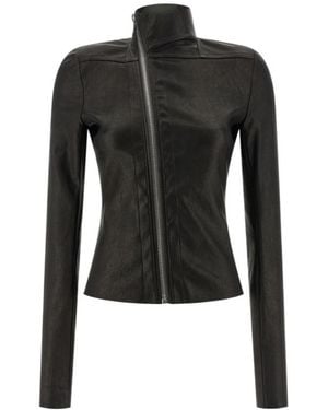 Rick Owens High Neck Zip-Up Leather Jacket - Black