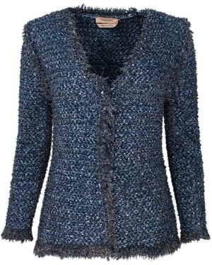 Twinset Distressed Hem Faux Lamb Knit Jacket - Blue