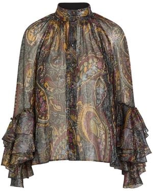 Etro Printed Metallic-Silk Shirt - Brown