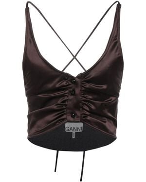 Ganni Solid Sleeveless Satin Crop Top - Black