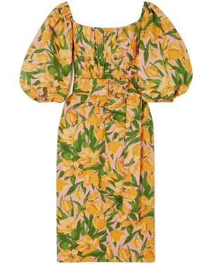 Carolina Herrera Off-Shoulder Pleated Print Dress - Yellow