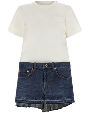 Sacai Pleated-Back Crewneck Denim Dress - Blue