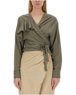 Alysi Cropped Ruffled Wrap Top - Green